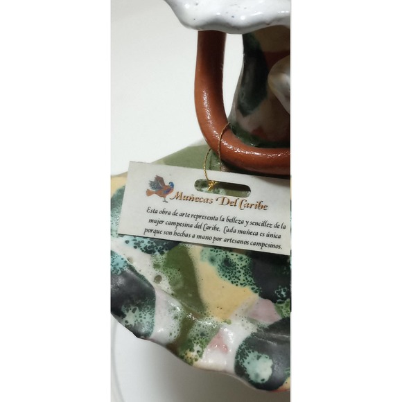 Vtg Caribbean Dolls Girl Terracotta Figure Flowing Dress Big Flower Hand Painted - Picture 10 of 10